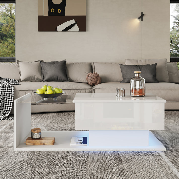 White high-gloss rectangular coffee table and LED lighting with glass top LUNG