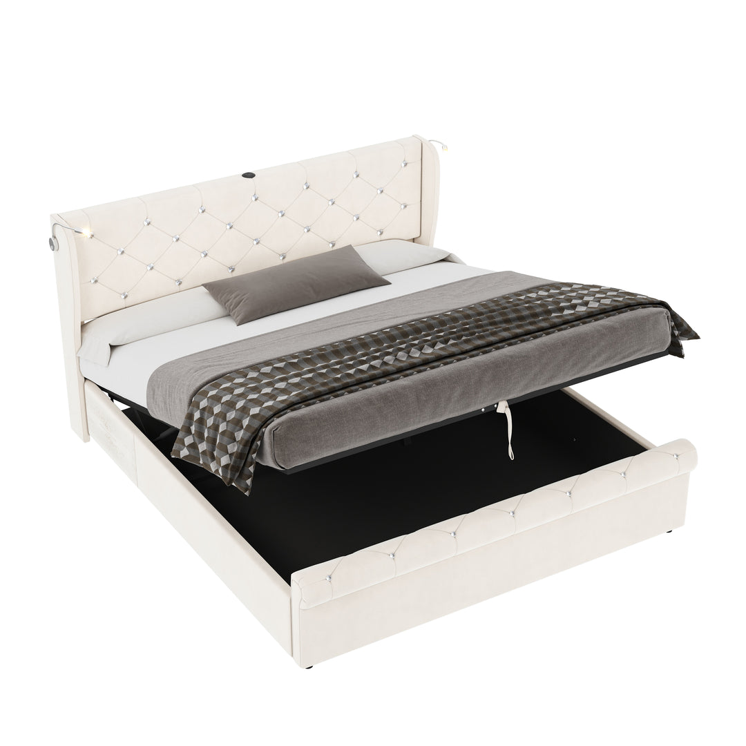 Velvet beige king size ottoman bed end opening with USB reading light 150x200cm PINNACLEION
