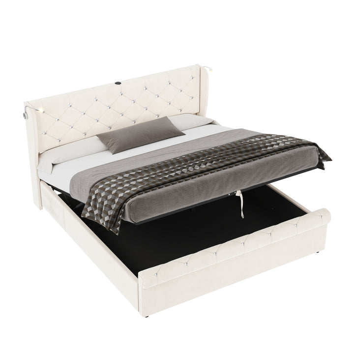 Velvet beige king size ottoman bed end opening with USB reading light 150x200cm PINNACLEION