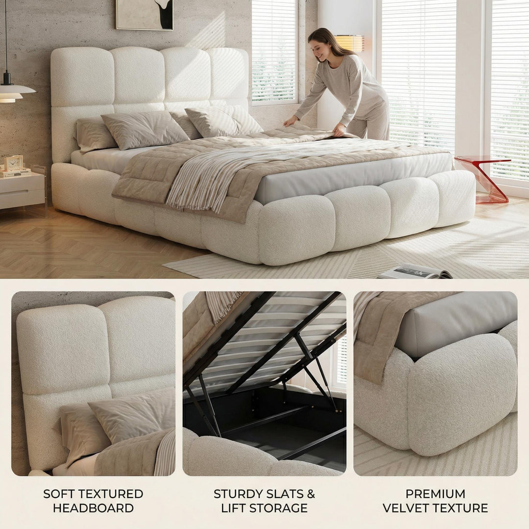 Beige velvet upholstered double ottoman bed 135x190cm QUANTAESIA