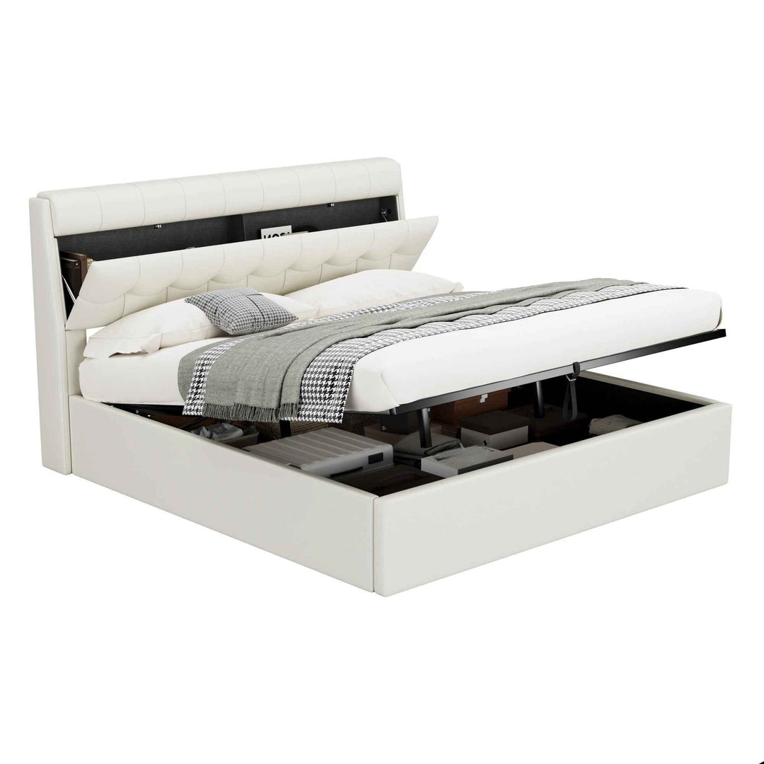 King size upholstered ottoman bed PU cream white, headboard storage 150x200cm
