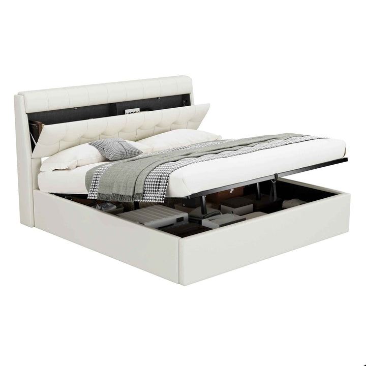 King size upholstered ottoman bed PU cream white, headboard storage 150x200cm