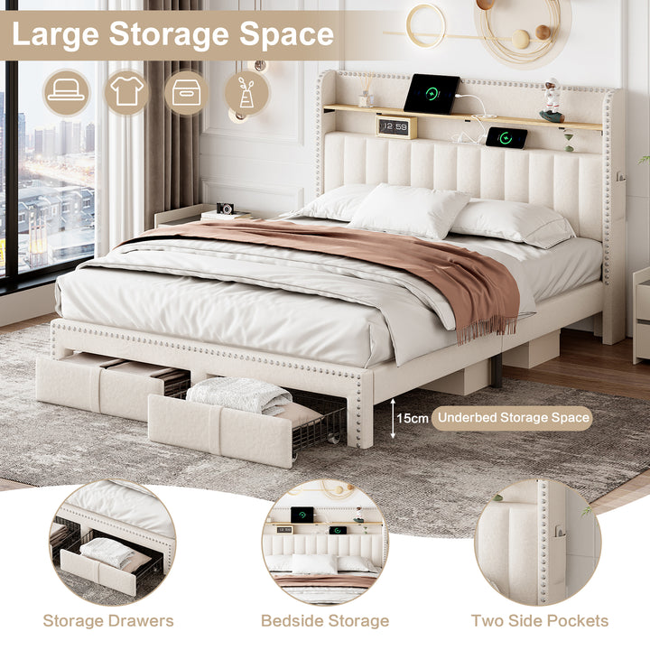 Beige linen upholstered divan double Bed 135x190cm with 2 storage drawers and LED lighting & charging ports (no mattress) OGHAMNOTCH