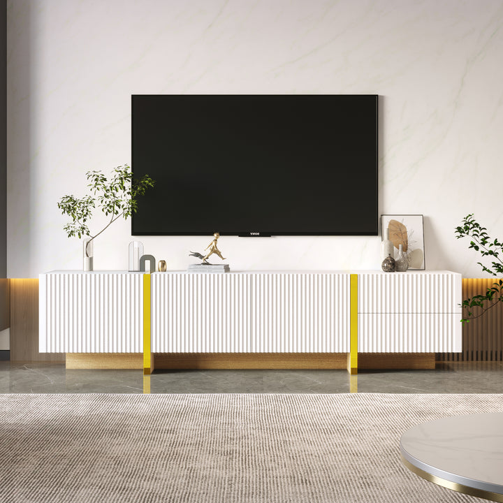 White fluted TV cabinet 3 doors, 2 drawers 190cm gloden accent CONNECTIV