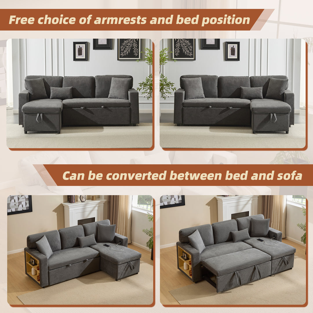 Grey L-shaped corner sofa bed, side shelf with integrated USB and storage VOLATILGAS