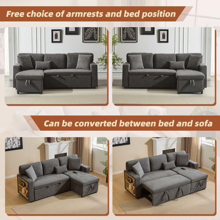Grey L-shaped corner sofa bed, side shelf with integrated USB and storage VOLATILGAS