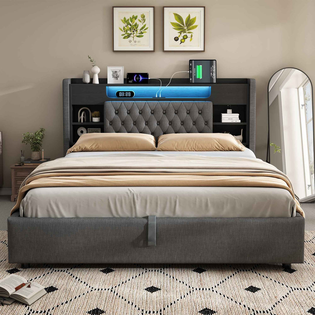 00+Super King Bed Frame 180x200cm with Hydraulic Storage, LED Headboard, Grey, No Mattress COMPACTWARDROBE