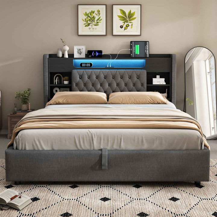 00+Super King Bed Frame 180x200cm with Hydraulic Storage, LED Headboard, Grey, No Mattress COMPACTWARDROBE