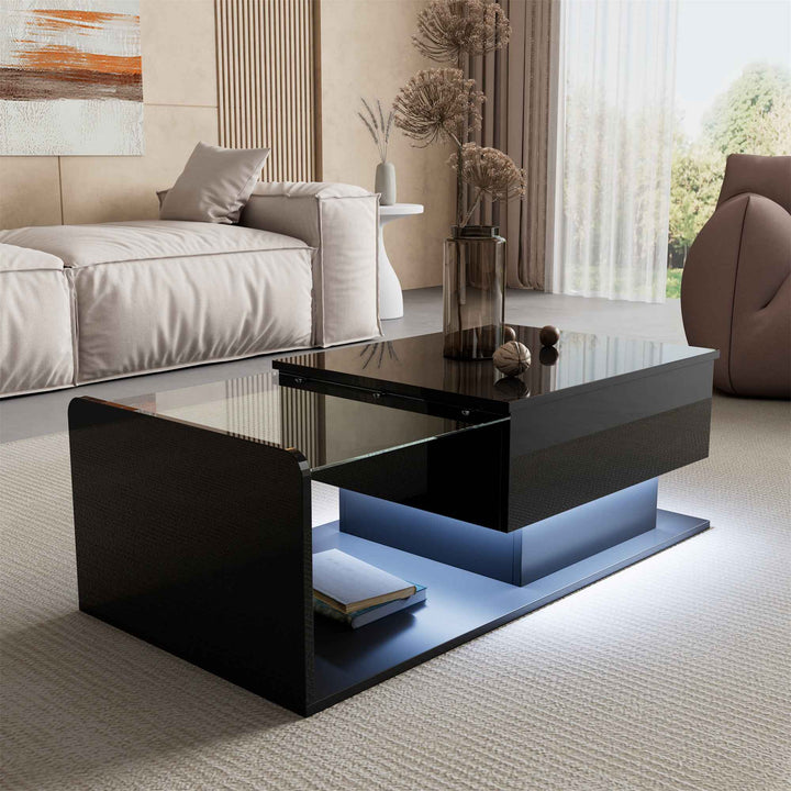 High gloss black coffee table with lift up top, LED lighting 100x50cm FLARERYLOTH