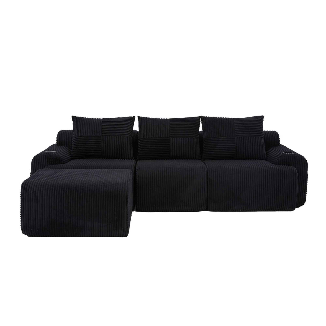 Modular 3-seater L-shape corduroy sofa with ottomans, black, storage pockets RACKGREEN