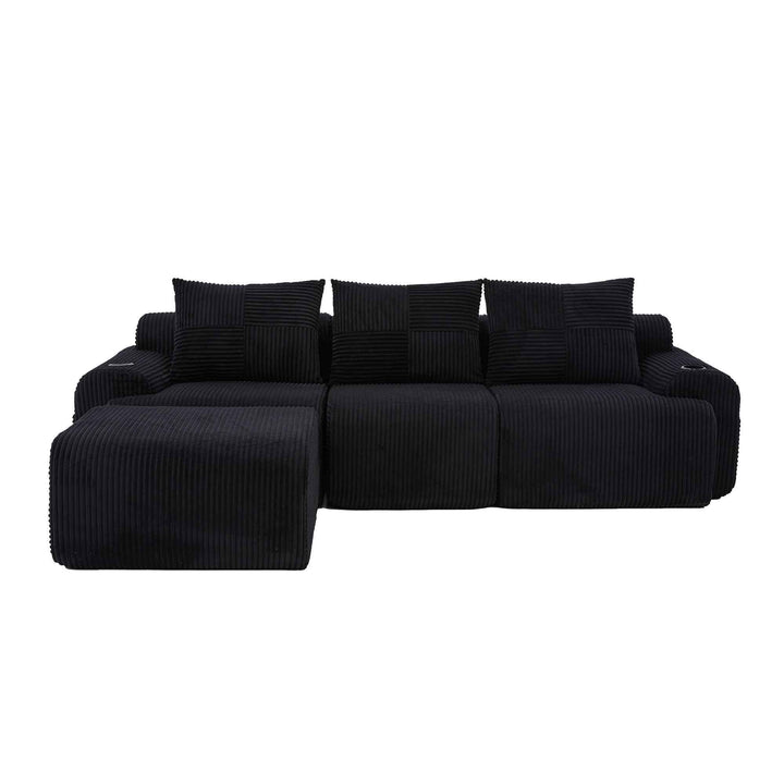 Modular 3-seater L-shape corduroy sofa with ottomans, black, storage pockets RACKGREEN