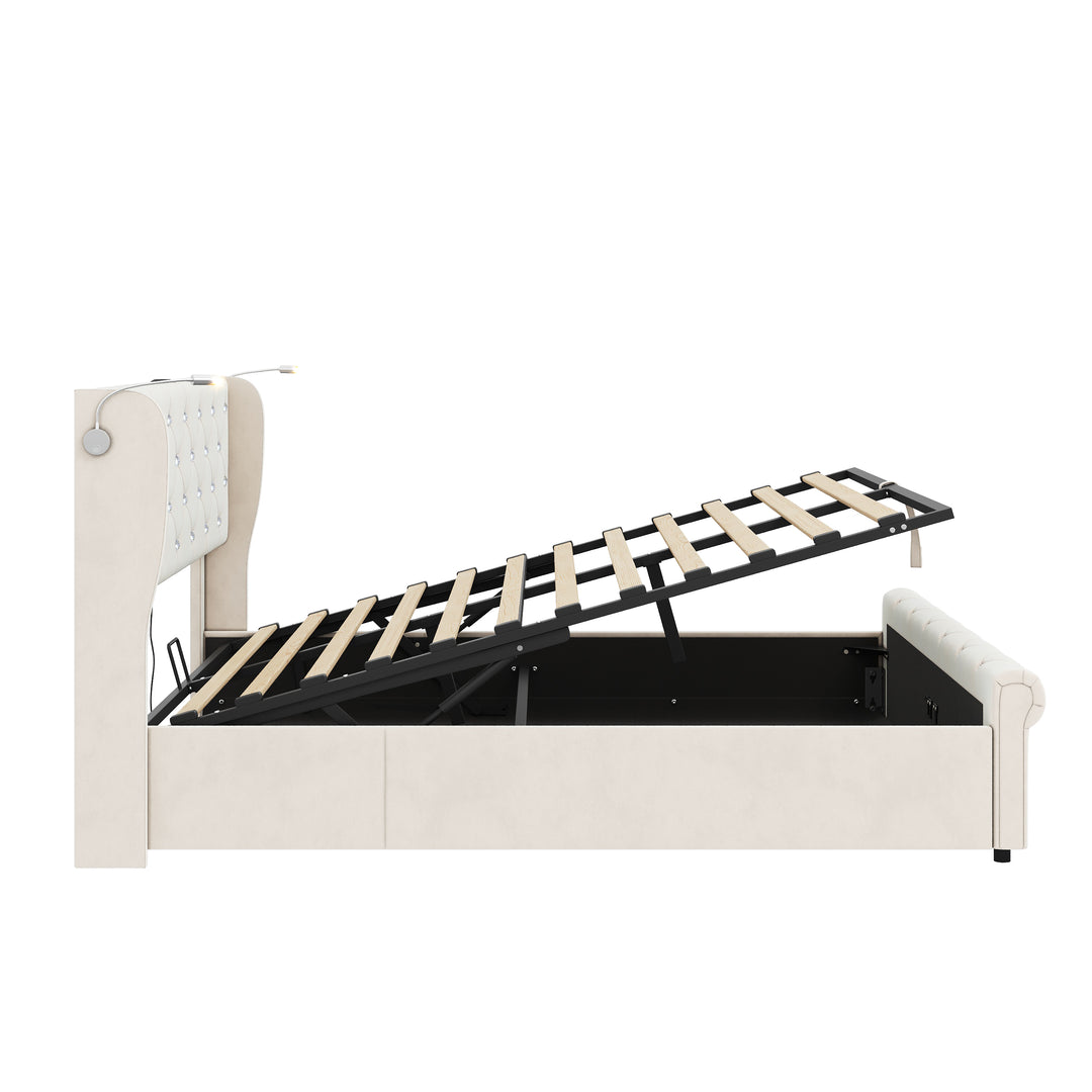 Velvet beige king size ottoman bed end opening with USB reading light 150x200cm PINNACLEION