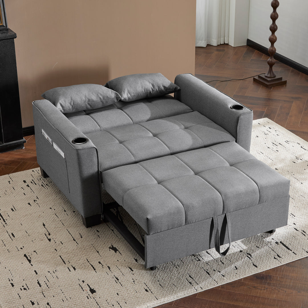 Gray fabric convertible 2-seater sofa bed pull-out design, adjustable backrest, and storage FROSTSTONE