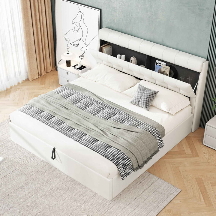 Double ottoman bed frame PU cream white headboard storage no mattress 135x190cm
