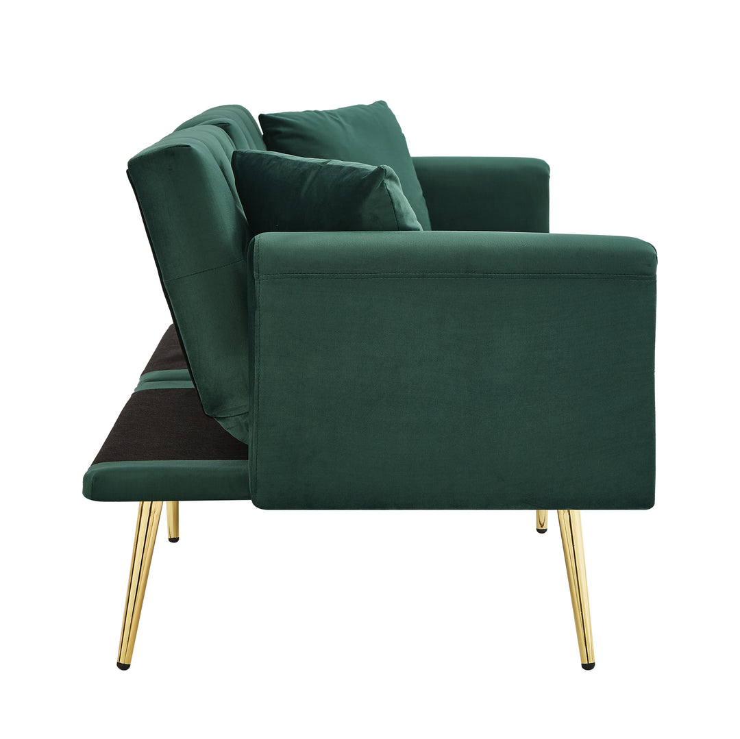 Green tufted velvet 2-seater sofa bed with adjustable backrest and hidden cup holders golden accent HYDROPON