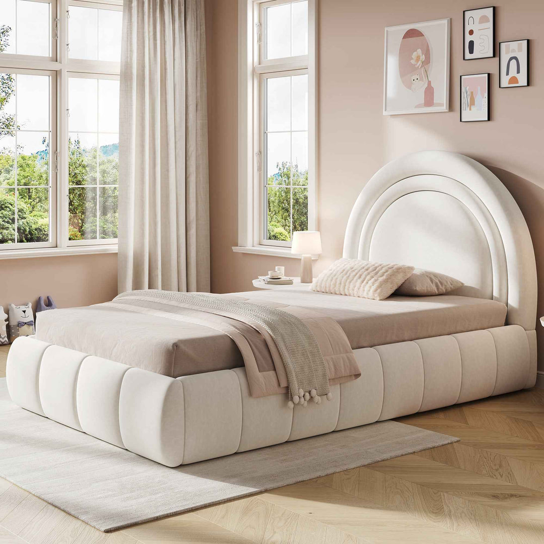 00+Single Upholstered Bed 90x190cm Velvet Beige with Hydraulic Storage, Space Saving for Kids Room COMPACTSTONEONE