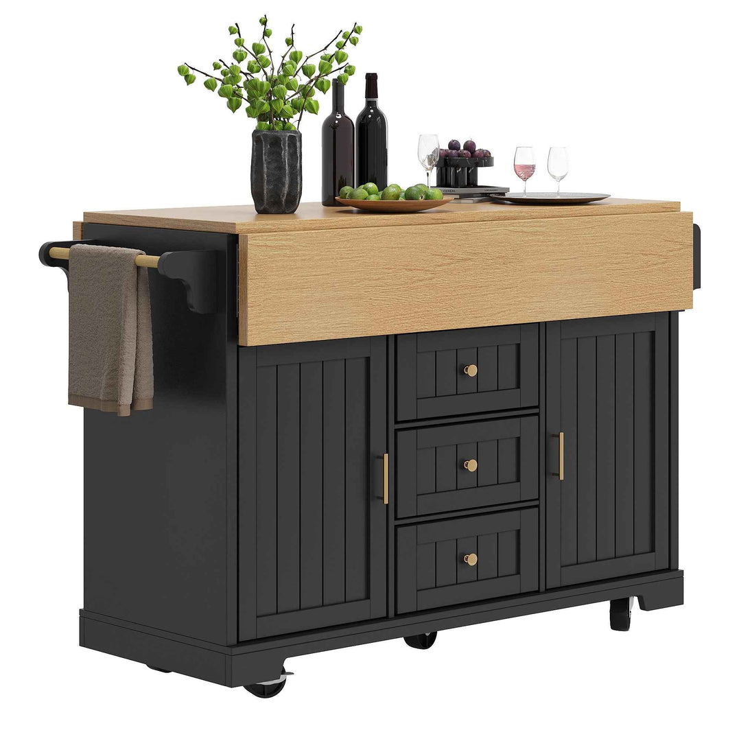 Extendable kitchen island trolley dining bar table wooden and black storage INFINITEMOME