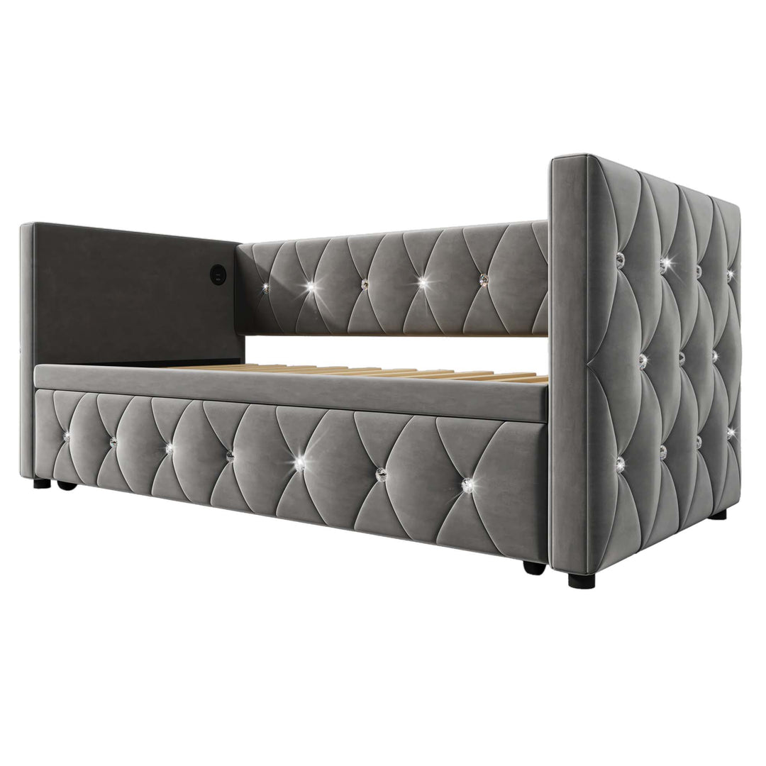 Grey velvet single upholstered guest day bed diamond design with trundle, USB charging STEKZEL GREY UK