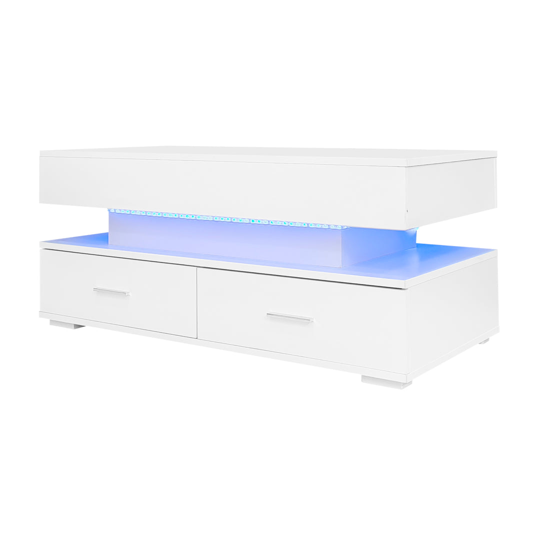 White lift-top coffee table with LED lighting and 2 drawers 100×50×44cm CYBERSPACE