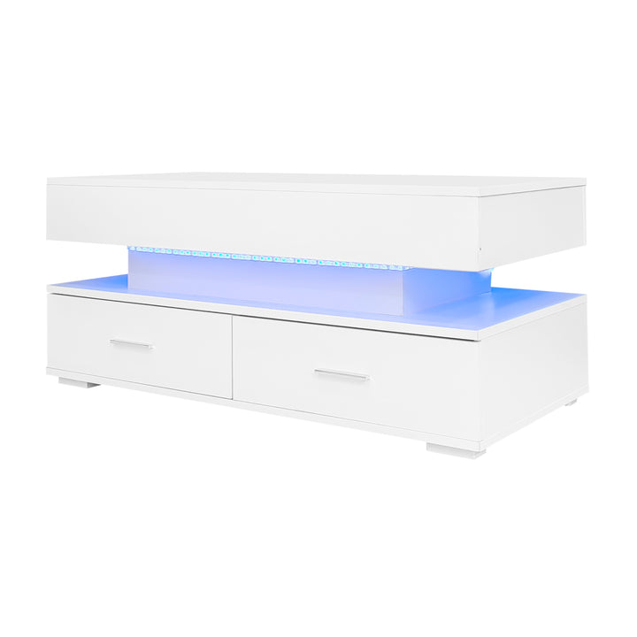 White lift-top coffee table with LED lighting and 2 drawers 100×50×44cm CYBERSPACE