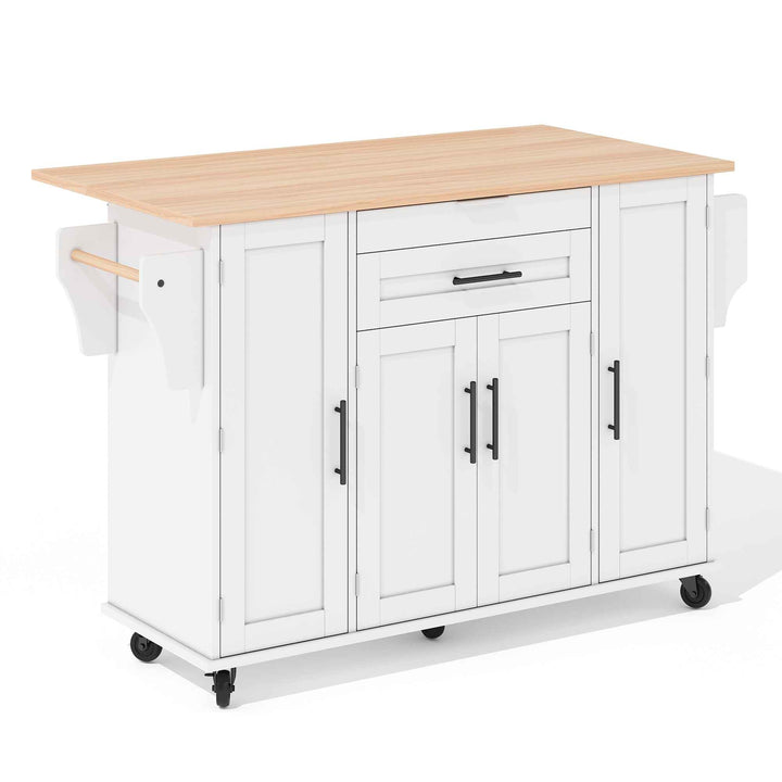 00+Kitchen Island on Wheels, White & Natural MDF, Foldable Tabletop, Adjustable Shelves, Storage Cabinets Rolling Trolley for Dining Room VERTEXZYR