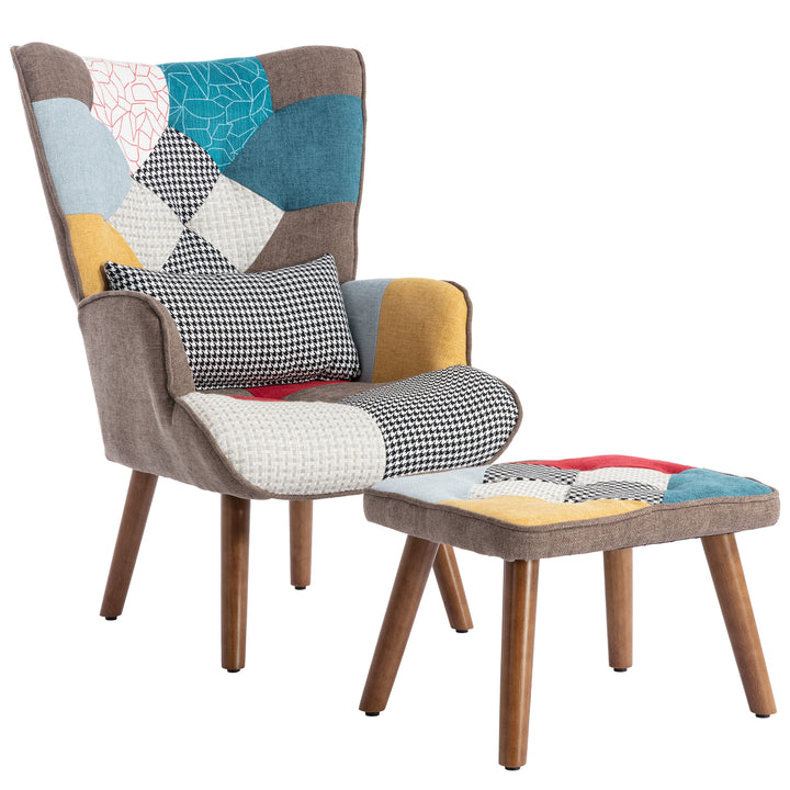 Multi-colour patchwork wingback lounge chair with footrest, backrest and cushion FINKAR UK