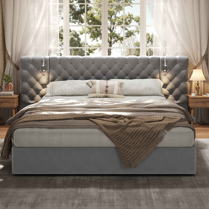 King Size Upholstered Bed with Hydraulic Storage, Reading Light, Wide Velvet Headboard, Grey, 150x200cm – Modern Space-Saving Bedroom Solution (Excludes Mattress & Bedside Tables)