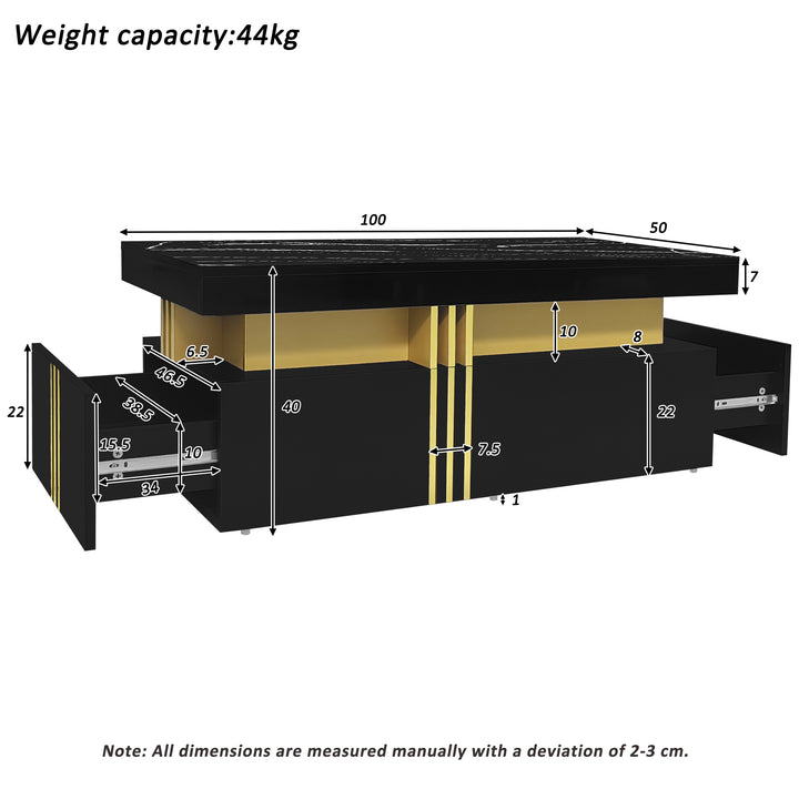 Modern black coffee table with marble-pattern top golden accents LEDGER
