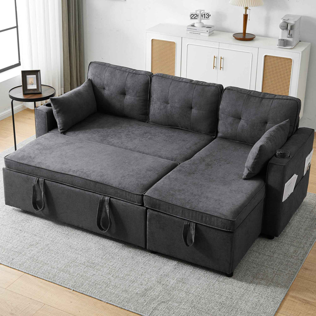 00+缺图 Sofa Bed 3-Seater Grey Cotton Linen L-Shaped Sectional with Reversible Storage Chaise VASEMARBLE