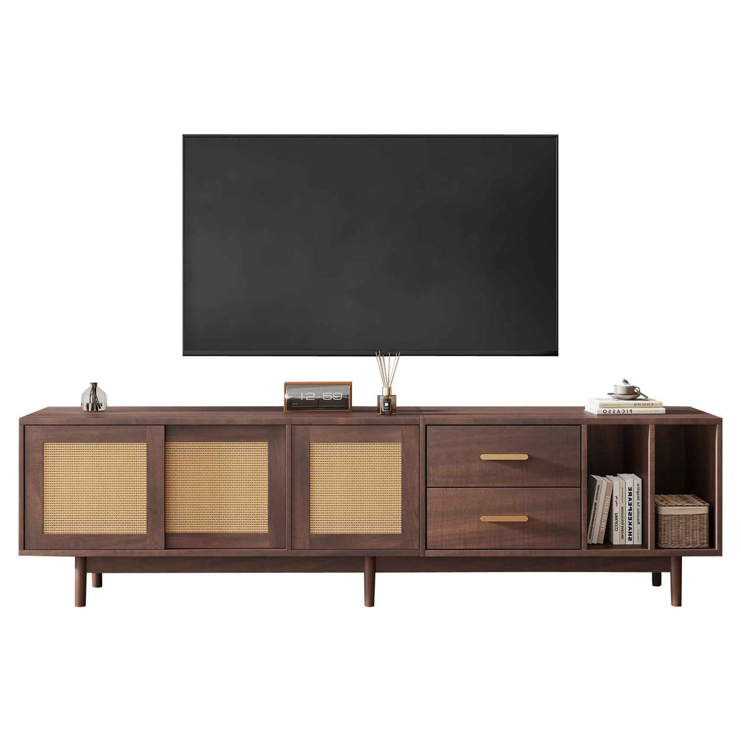 TV stand dark wood vintage look with rattan sliding doors & 2 drawers  INFINITERIF