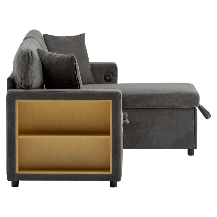 Grey L-shaped corner sofa bed, side shelf with integrated USB and storage VOLATILGAS