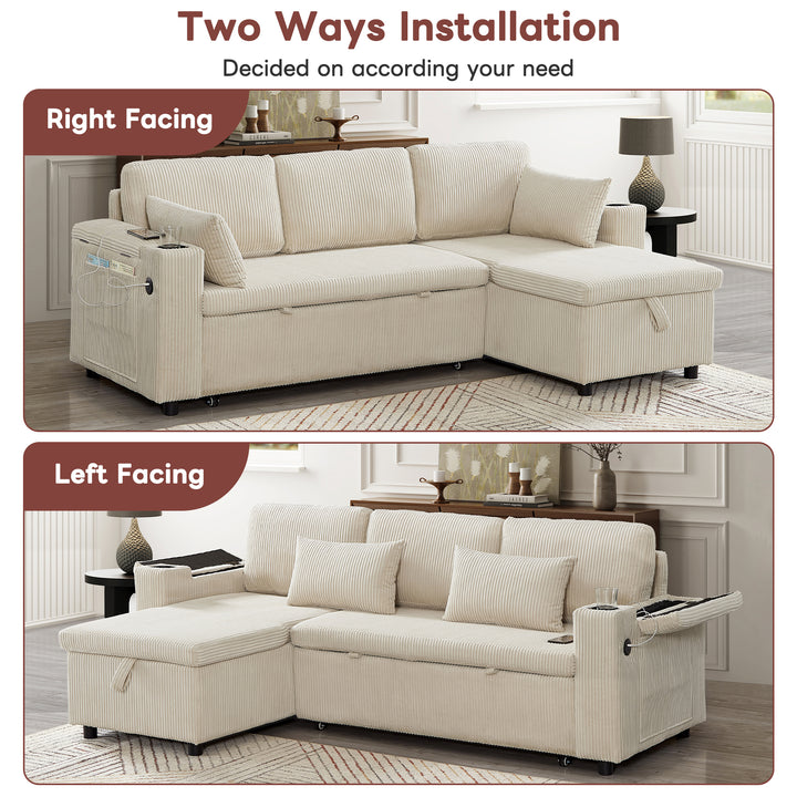 Beige corduroy 3-seater sofa bed trundle bed with storage and USB ports SPELEOTHEM UK