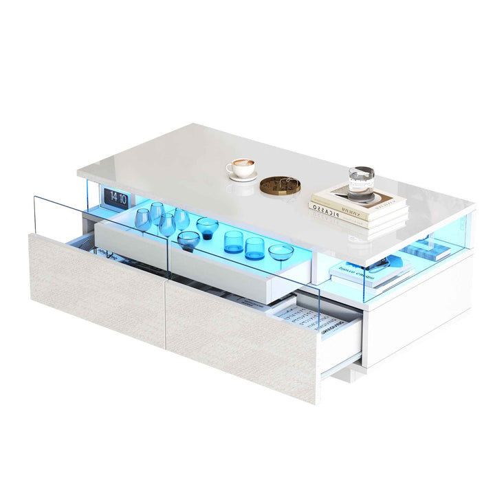 White high gloss coffee table with LED lights, 2 drawers, pull-out tray FLAREVORNAX