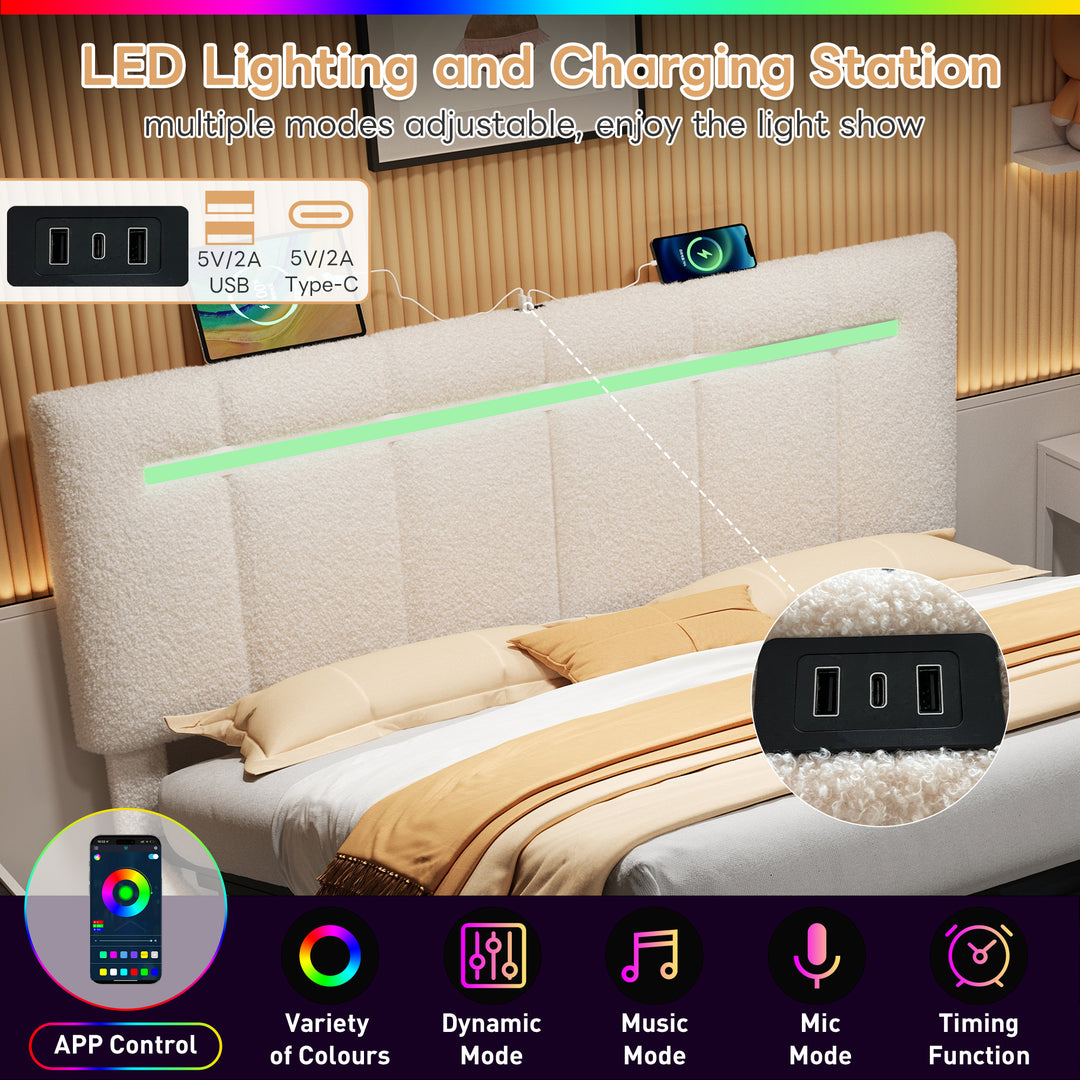 Upholstered beige boucle divan double bed with storage LED lights 135x190cm MAGMASWELL UK