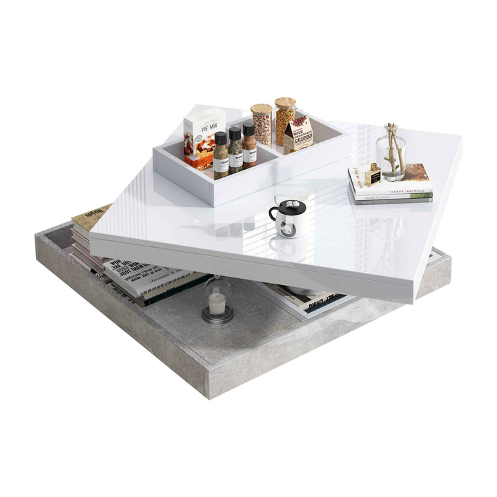 Rotating 360° white high-gloss coffee table marble-patterned, double-layer storage FLARENEXUSA