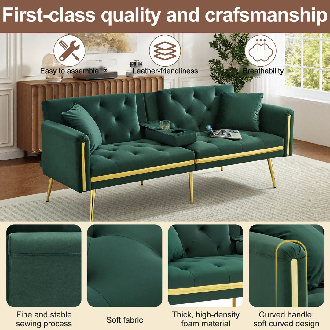 Green tufted velvet 2-seater sofa bed with adjustable backrest and hidden cup holders golden accent HYDROPON