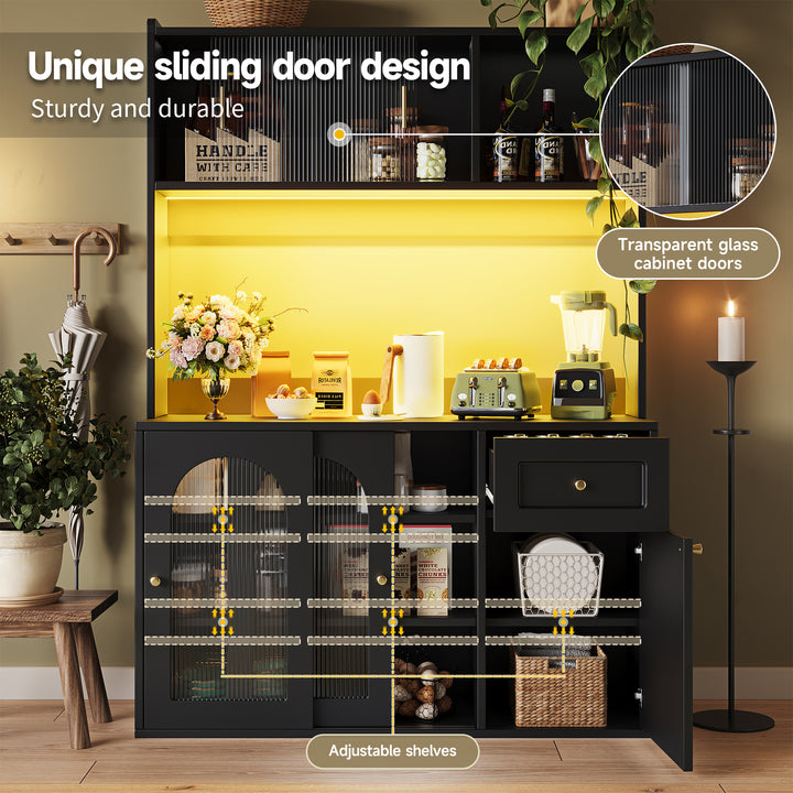 Black kitchen hutches buffet with LED lighting, fluted glass sliding doors VIGOURAN