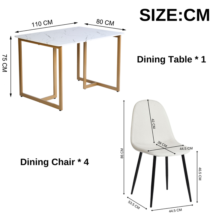 Dining set, dining table in modern marble pattern with 4 scandinavian dining chairs beige SLIP MARBLE GOLD LEG 110 A + CHARLTON FABRIC BEIGE BLACK LEG