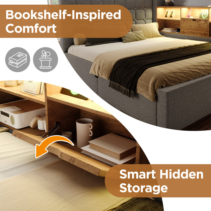 Single Daybed 3ft Grey Linen Upholstered Bed with Hydraulic Storage and LED Lights 90x190cm TRUNKMAX