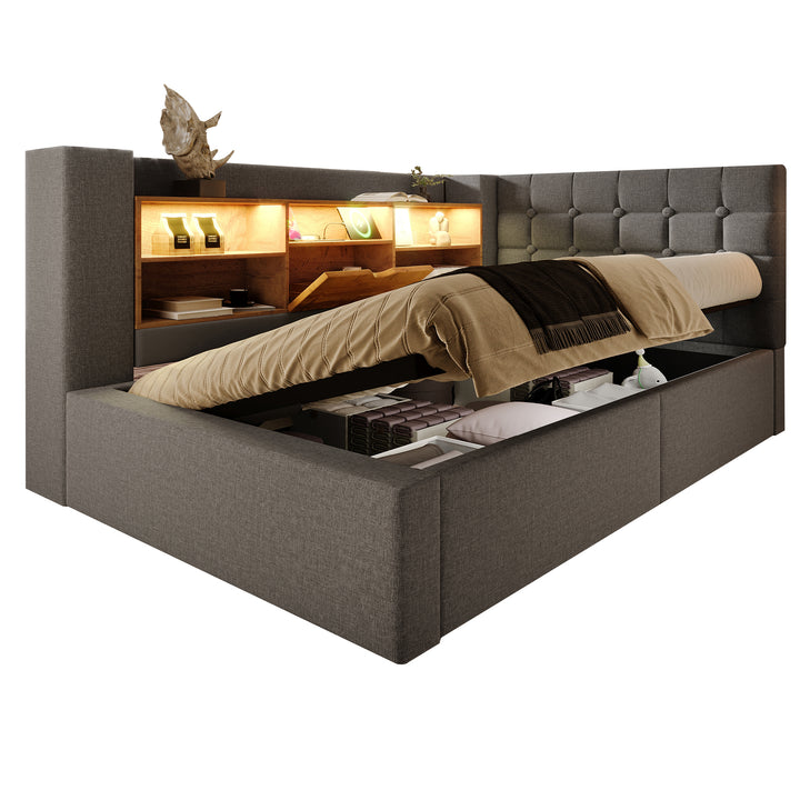 Single Daybed 3ft Grey Linen Upholstered Bed with Hydraulic Storage and LED Lights 90x190cm TRUNKMAX