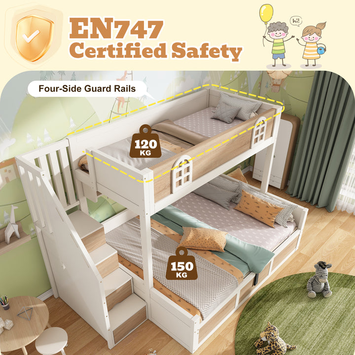 White wooden bunk beds with staircase and storage 90x190cm +135x190cm FOCUSIAL