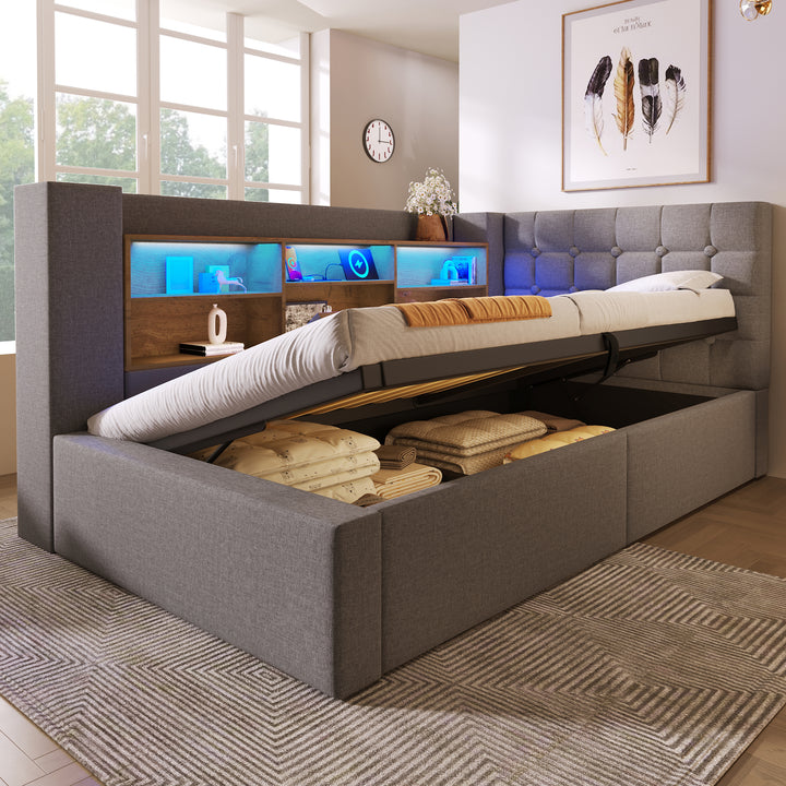 Single Daybed 3ft Grey Linen Upholstered Bed with Hydraulic Storage and LED Lights 90x190cm TRUNKMAX