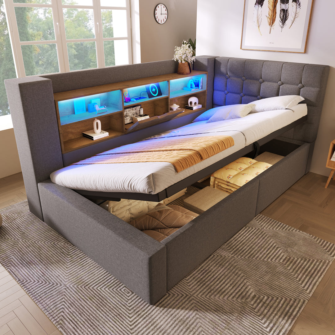 Single Daybed 3ft Grey Linen Upholstered Bed with Hydraulic Storage and LED Lights 90x190cm TRUNKMAX