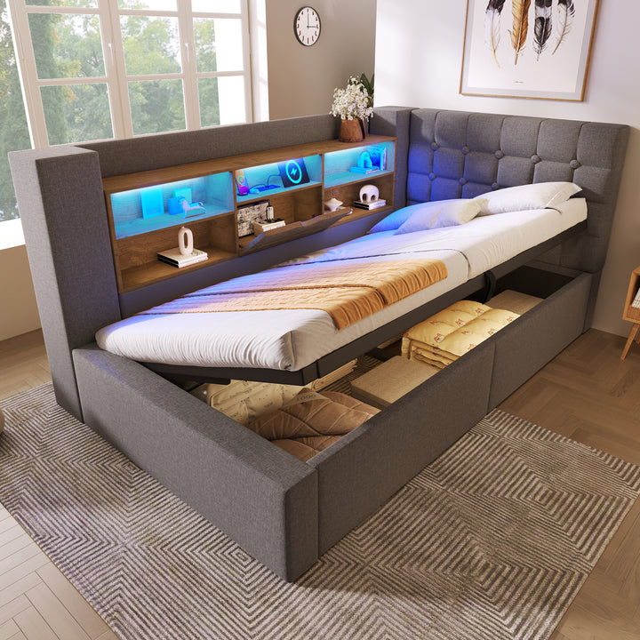 Single Daybed 3ft Grey Linen Upholstered Bed with Hydraulic Storage and LED Lights 90x190cm TRUNKMAX
