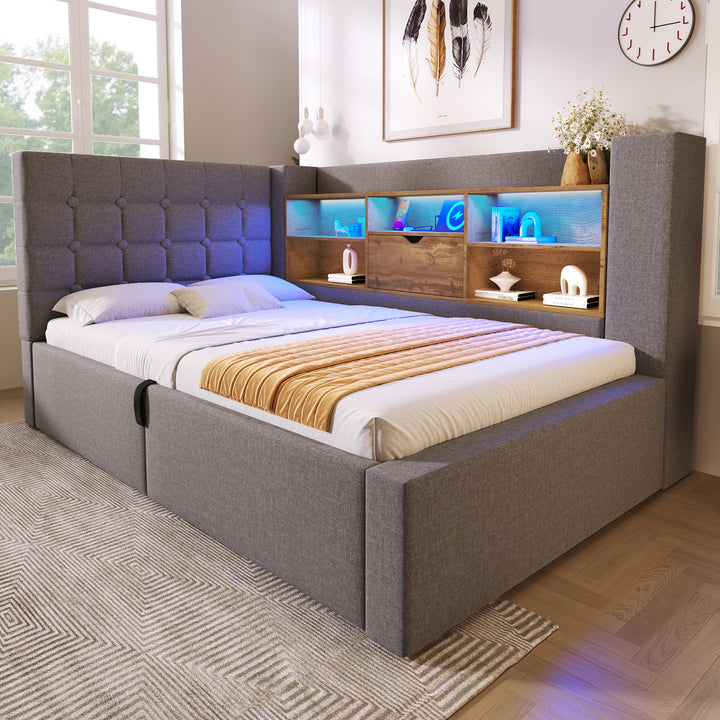 Single Daybed 3ft Grey Linen Upholstered Bed with Hydraulic Storage and LED Lights 90x190cm TRUNKMAX