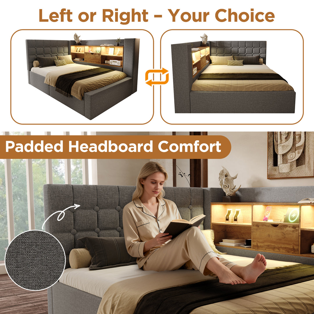Single Daybed 3ft Grey Linen Upholstered Bed with Hydraulic Storage and LED Lights 90x190cm TRUNKMAX