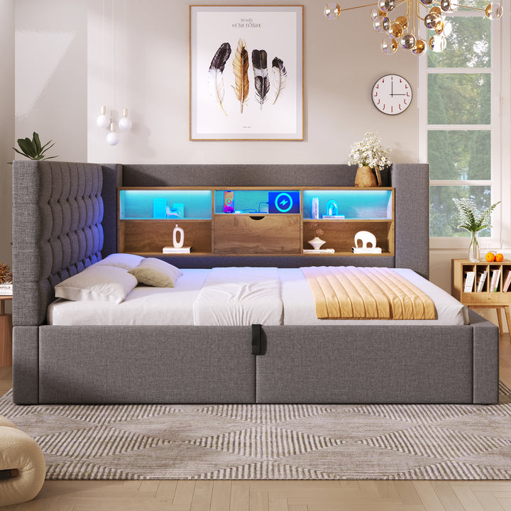 Single Daybed 3ft Grey Linen Upholstered Bed with Hydraulic Storage and LED Lights 90x190cm TRUNKMAX