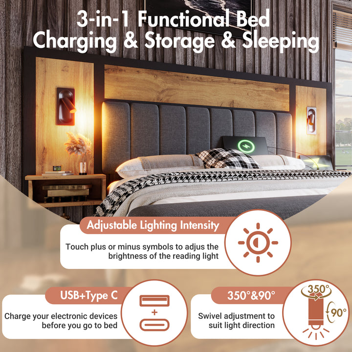 Double Oak Wooden Platform Bed with Storage Bench, Lamps and Charging Station 150x200cm URBANWICKERMAX