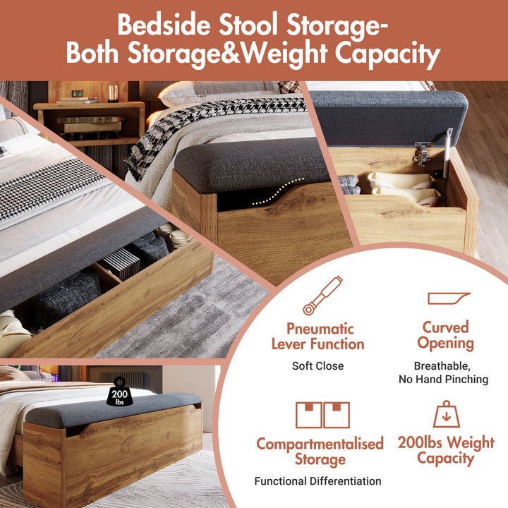 Double Oak Wooden Platform Bed with Storage Bench, Lamps and Charging Station 150x200cm URBANWICKERMAX