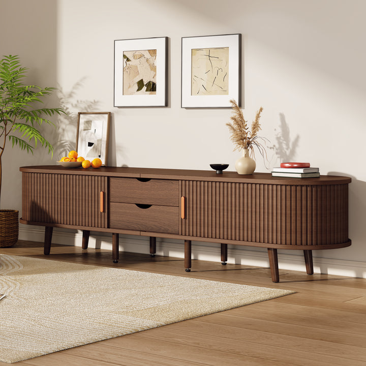 Long oval TV stand retro wooden look with 2 sliding doors 2 drawers HORSETAILJOINT